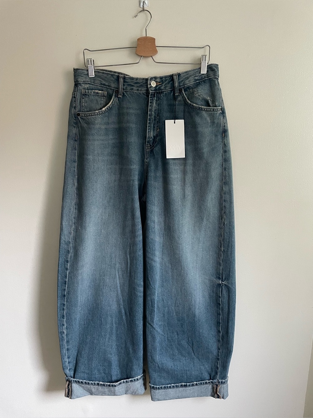 Zara TRF Mid-Rise Baggy Folded Jeans Blue Denim NWT Size 8